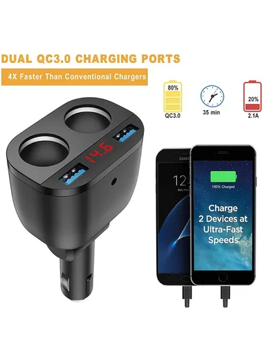 Dual USB QC3.0 Fast Car Charger Digital Display 2-Socket Cigarette Lighter Adapter TR-22Q
