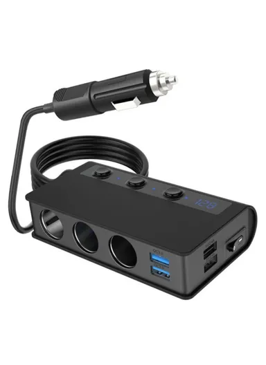 180W Car Charger 3 Cigarette Lighter Sockets 4 USB Ports QC3.0 Phone Fast Charging Adapter - Black