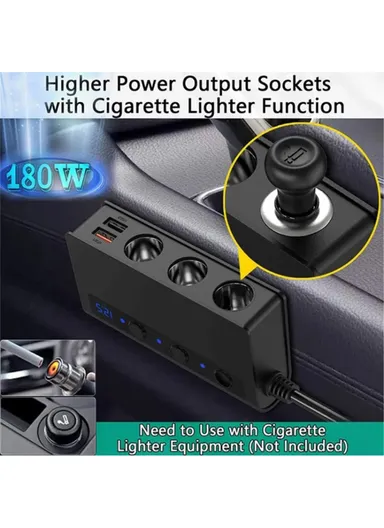 180W Car Charger 3 Cigarette Lighter Sockets 4 USB Ports QC3.0 Phone Fast Charging Adapter - Black