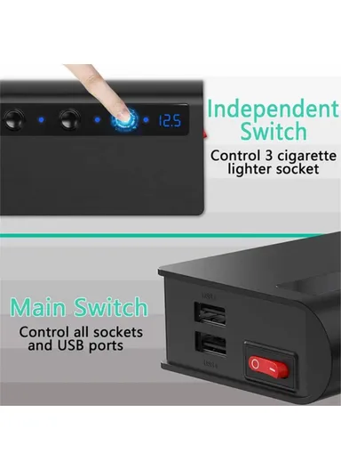 180W Car Charger 3 Cigarette Lighter Sockets 4 USB Ports QC3.0 Phone Fast Charging Adapter - Black