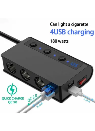 180W Car Charger 3 Cigarette Lighter Sockets 4 USB Ports QC3.0 Phone Fast Charging Adapter - Black