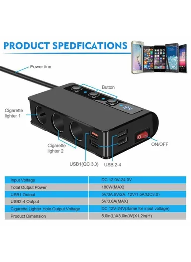 180W Car Charger 3 Cigarette Lighter Sockets 4 USB Ports QC3.0 Phone Fast Charging Adapter - Black