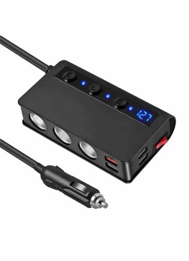 180W Car Charger 3 Cigarette Lighter Sockets 4 USB Ports QC3.0 Phone Fast Charging Adapter - Black