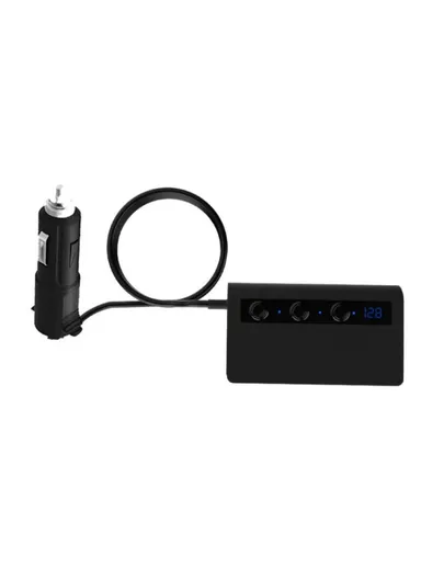 180W Car Charger 3 Cigarette Lighter Sockets 4 USB Ports QC3.0 Phone Fast Charging Adapter - Black