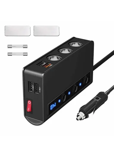 180W Car Charger 3 Cigarette Lighter Sockets 4 USB Ports QC3.0 Phone Fast Charging Adapter - Black