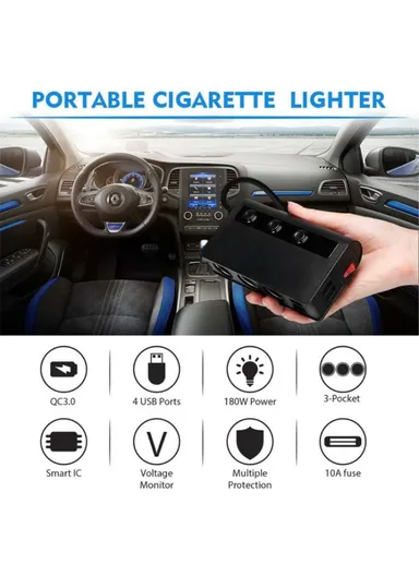 180W Car Charger 3 Cigarette Lighter Sockets 4 USB Ports QC3.0 Phone Fast Charging Adapter - Black