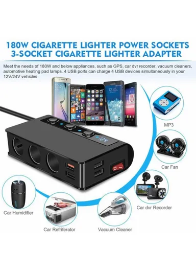 180W Car Charger 3 Cigarette Lighter Sockets 4 USB Ports QC3.0 Phone Fast Charging Adapter - Black