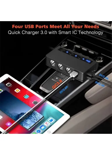 180W Car Charger 3 Cigarette Lighter Sockets 4 USB Ports QC3.0 Phone Fast Charging Adapter - Black