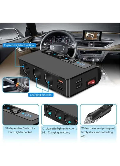 180W Car Charger 3 Cigarette Lighter Sockets 4 USB Ports QC3.0 Phone Fast Charging Adapter - Black