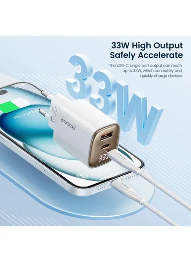 33W Fast Charging Digital Display Wall Charger USB A + Type C GaN Power Adapter TCT33-22EU