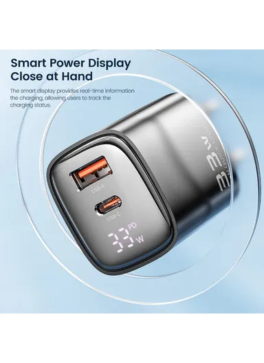33W Fast Charging Digital Display Wall Charger USB A + Type C GaN Power Adapter TCT33-22EU