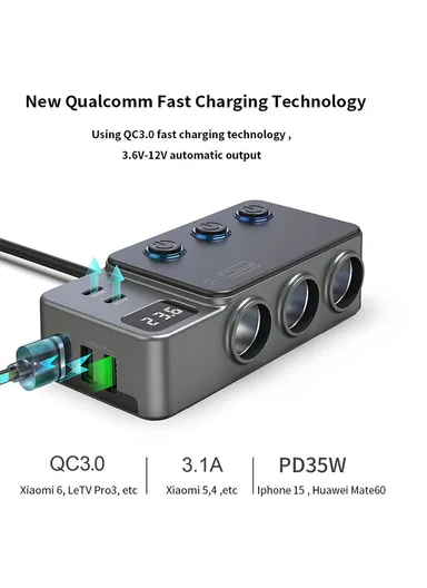 35W Fast Charging Car Charger 3 in 1 Cigarette Lighter Adapter 120W 5 USB Ports for Multiple Devices
