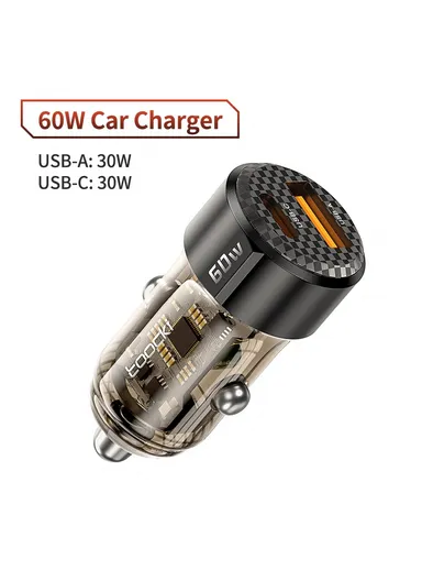 Car Charger 60W Dual Port USB-A and USB-C Fast Charging Adapter For Vehicle Use TQ-CC25A 