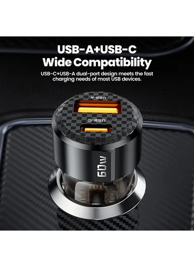 Car Charger 60W Dual Port USB-A and USB-C Fast Charging Adapter For Vehicle Use TQ-CC25A 