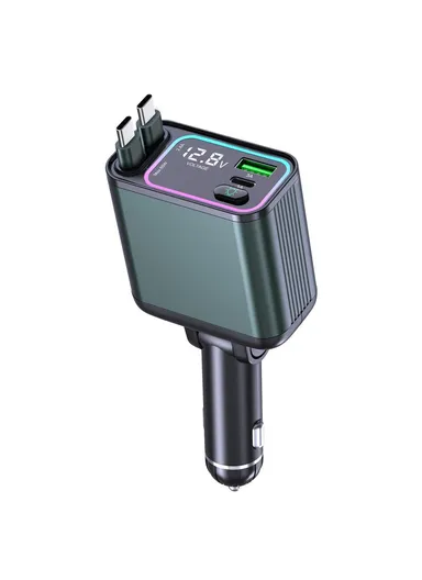 Car Charger Ambient Light Voltage Display Fast Charge Adapter with Dual Type-C Retractable Cables GC08A