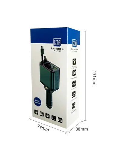 Car Charger Ambient Light Voltage Display Fast Charge Adapter with Dual Type-C Retractable Cables GC08A
