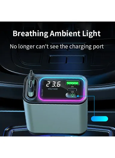 Car Charger Ambient Light Voltage Display Fast Charge Adapter with Dual Type-C Retractable Cables GC08A