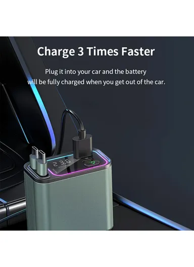 Car Charger Ambient Light Voltage Display Fast Charge Adapter with Dual Type-C Retractable Cables GC08A
