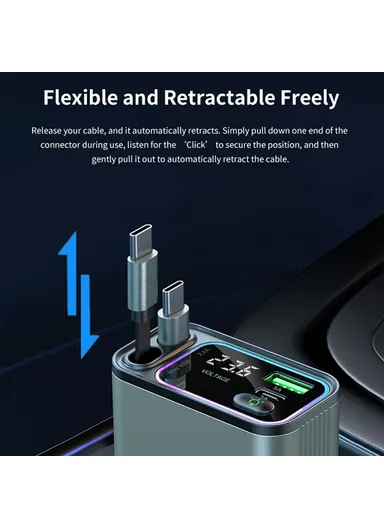 Car Charger Ambient Light Voltage Display Fast Charge Adapter with Dual Type-C Retractable Cables GC08A