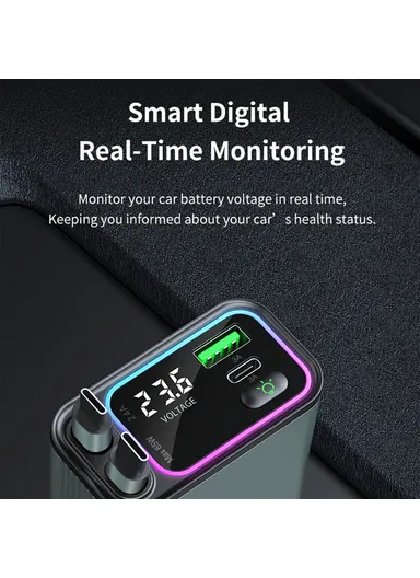 Car Charger Ambient Light Voltage Display Fast Charge Adapter with Dual Type-C Retractable Cables GC08A