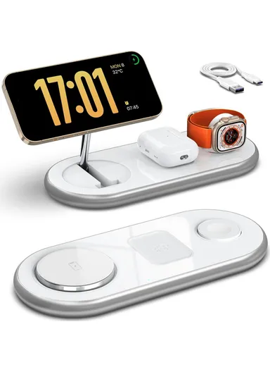3 in 1 Foldable Magnetic Wireless Charger, Phone, Watch &amp; Earphone, 15W Charging Stand with 18W Charger D301 - White / EU Plug