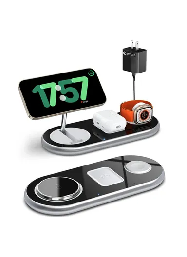 3 in 1 Foldable Magnetic Wireless Charger, Phone, Watch &amp; Earphone, 15W Charging Stand with 18W Charger D301 - Black / EU Plug