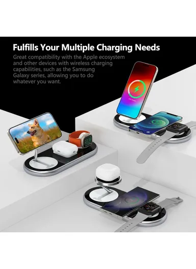3 in 1 Foldable Magnetic Wireless Charger, Phone, Watch &amp; Earphone, 15W Charging Stand with 18W Charger D301 - Black / EU Plug