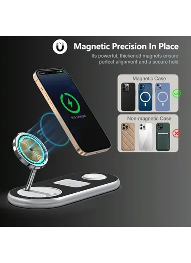 3 in 1 Foldable Magnetic Wireless Charger, Phone, Watch &amp; Earphone, 15W Charging Stand with 18W Charger D301 - Black / EU Plug