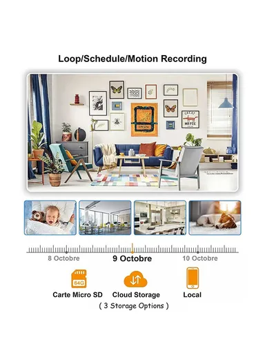 3 in 1 Wireless Charger Cell Phone Charging Stand with Night Light &amp; HD Motion Detection Camera Built-In 64GB - Black