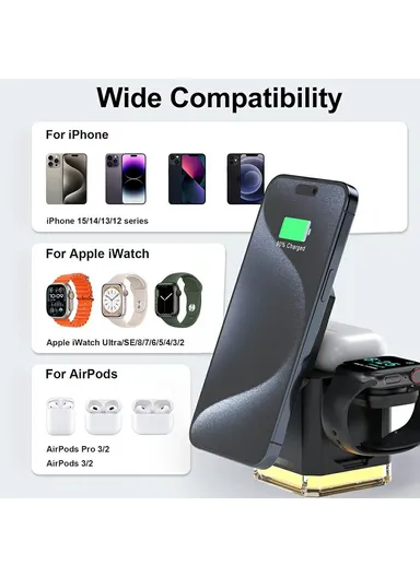 3 in 1 Wireless Charger Cell Phone Charging Stand with Night Light &amp; HD Motion Detection Camera Built-In 64GB - Black