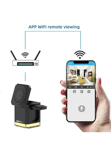 3 in 1 Wireless Charger Cell Phone Charging Stand with Night Light &amp; HD Motion Detection Camera Built-In 64GB - Black