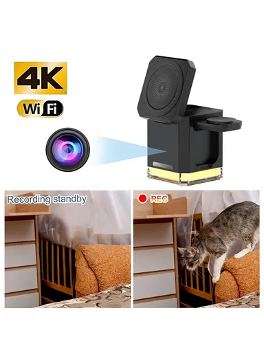 3 in 1 Wireless Charger Cell Phone Charging Stand with Night Light &amp; HD Motion Detection Camera Built-In 64GB - Black