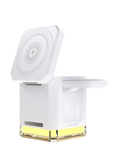 3 in 1 Wireless Charger Cell Phone Charging Stand with Night Light &amp; HD Motion Detection Camera Built-In 64GB - White