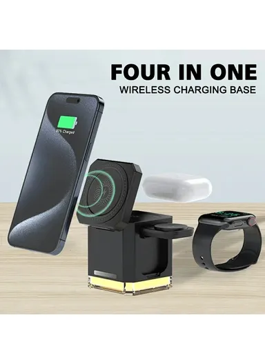 3 in 1 Wireless Charger Cell Phone Charging Stand with Night Light &amp; HD Motion Detection Camera Built-In 64GB - White