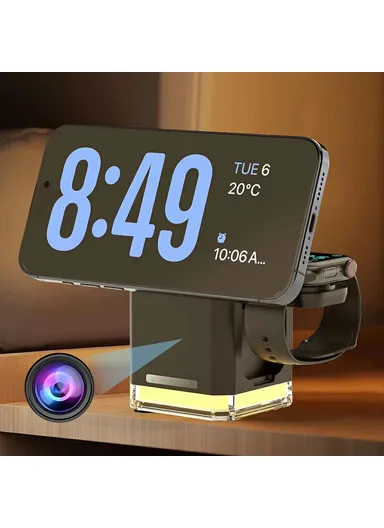 3 in 1 Wireless Charger Cell Phone Charging Stand with Night Light &amp; HD Motion Detection Camera Built-In 64GB - White