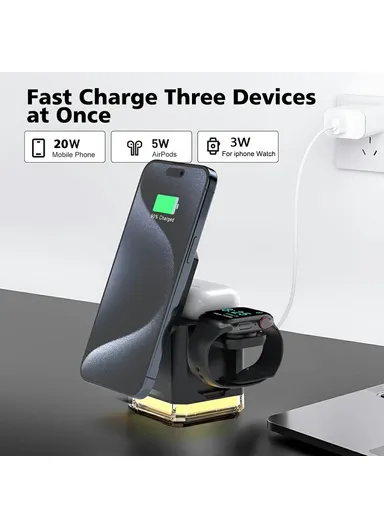 3 in 1 Wireless Charger Cell Phone Charging Stand with Night Light &amp; HD Motion Detection Camera Built-In 64GB - White