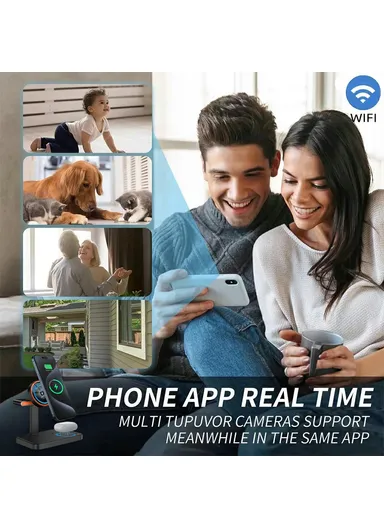 3 in 1 Magnetic Wireless Charger with WiFi 1080P Camera 15W Cell Phone Charging Stand - Black