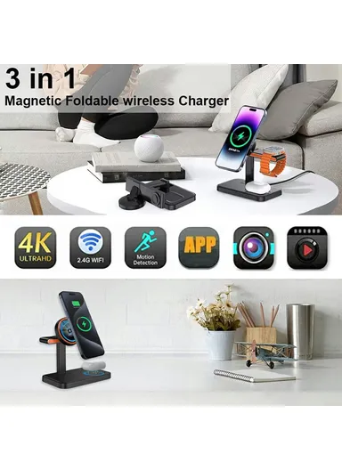 3 in 1 Magnetic Wireless Charger with WiFi 1080P Camera 15W Cell Phone Charging Stand - Black