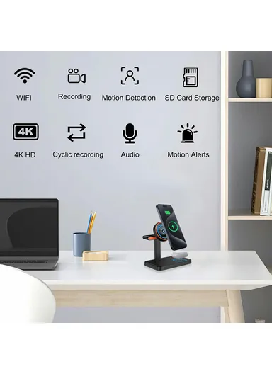 3 in 1 Magnetic Wireless Charger with WiFi 1080P Camera 15W Cell Phone Charging Stand - Black