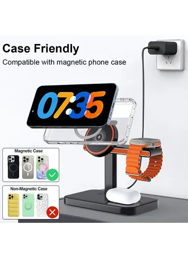 3 in 1 Magnetic Wireless Charger with WiFi 1080P Camera 15W Cell Phone Charging Stand - Black