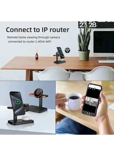 3 in 1 Magnetic Wireless Charger with WiFi 1080P Camera 15W Cell Phone Charging Stand - Black