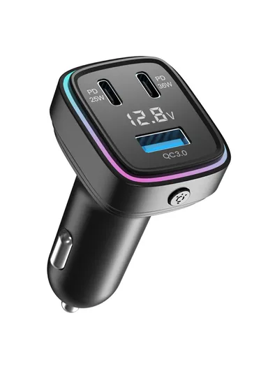 Voltage Display 3-Port Fast Charging Car Charger with Colorful Ambient Light GE13 