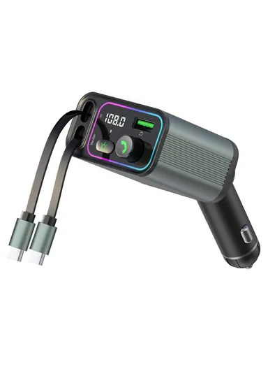 Car Charger with Dual USB-C Retractable Cables and Ambient Light Voltage Display PD 65W Fast Charging Adapter GC08C 