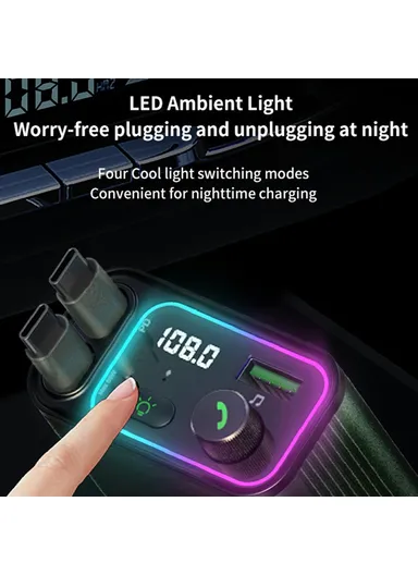 Car Charger with Dual USB-C Retractable Cables and Ambient Light Voltage Display PD 65W Fast Charging Adapter GC08C 