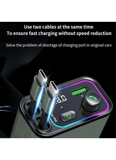 Car Charger with Dual USB-C Retractable Cables and Ambient Light Voltage Display PD 65W Fast Charging Adapter GC08C 