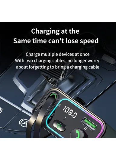 Car Charger with Dual USB-C Retractable Cables and Ambient Light Voltage Display PD 65W Fast Charging Adapter GC08C 