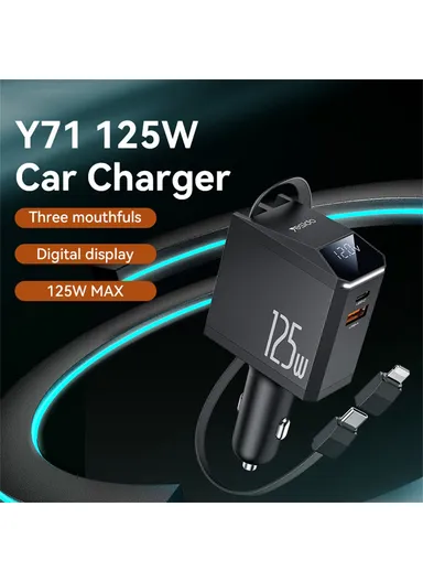 125W Fast Charging USB A + Type C Car Charger with Retractable Cable and iP Adapter Y71 