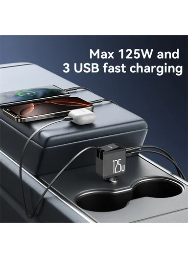 125W Fast Charging USB A + Type C Car Charger with Retractable Cable and iP Adapter Y71 