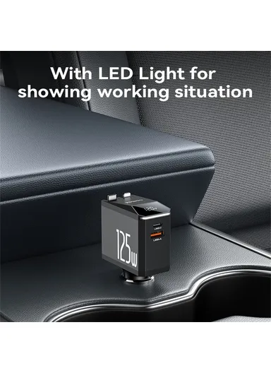 125W Fast Charging USB A + Type C Car Charger with Retractable Cable and iP Adapter Y71 
