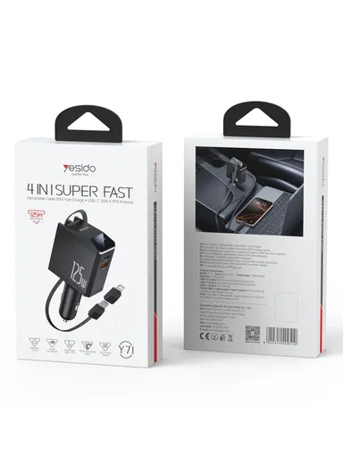 125W Fast Charging USB A + Type C Car Charger with Retractable Cable and iP Adapter Y71 